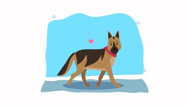 German shepherd dog walking animated illustration with hearts and snowy background.
