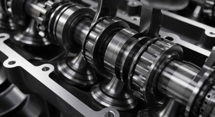 Fototapeta premium Close-up of a complex internal combustion engine camshaft assembly with intricate metal parts.