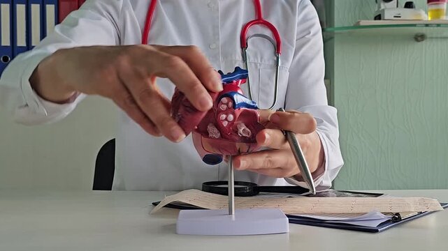 Doctor explaining heart model in clinic with tools on desk during medical demonstration