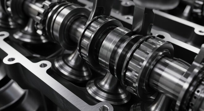 Close-up of a complex internal combustion engine camshaft assembly with intricate metal parts.