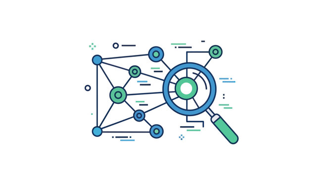 Network analysis with magnifying glass, data visualization, connections, technology concept