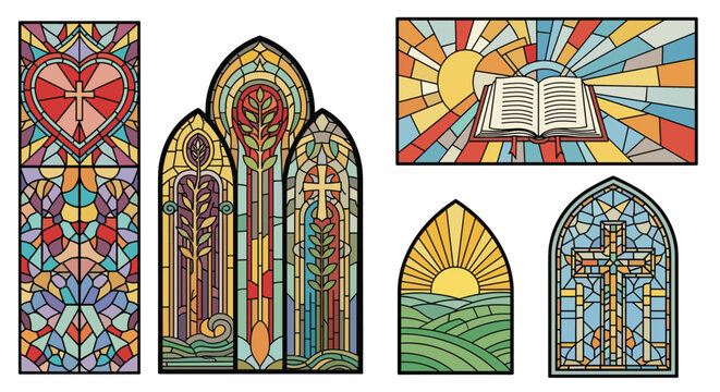 Collection of stained glass window designs includes various religious symbols like crosses, hearts, the sun, and an open holy book.