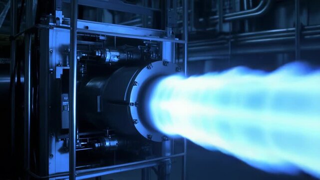 Space technology developing futuristic propulsion systems, an ion thruster generating a powerful blue plasma jet during a performance test in a specialized facility