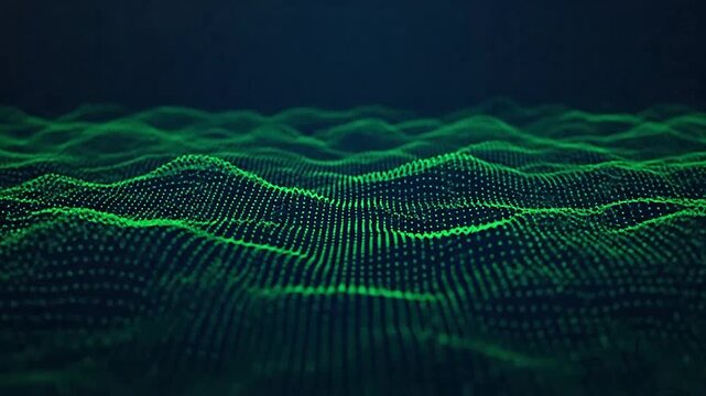 A digital landscape featuring glowing green light particles forming a wave pattern
