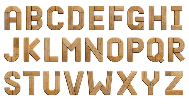 Geometric Sans Serif Alphabet Letters Constructed From Interlocking Raw Oak Wood Textures. A Complete Collection Of Rustic Wooden Typography Isolated On Transparent Background For Design Projects.