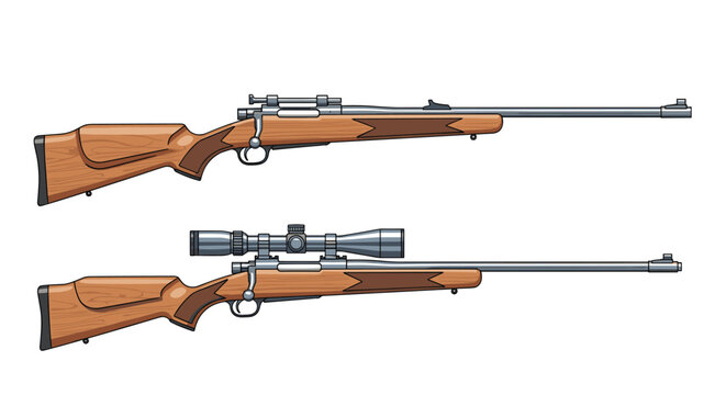 Set of two hunting rifles with wooden stocks includes one model equipped with a high-power telescopic sniper scope.