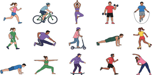 Diverse Sports and Fitness Character Set with People Running Cycling Lifting Dumbbells Practicing Yoga Skateboard Scooter and Outdoor Training Activities © MdSirazul