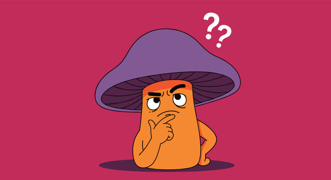 Pensive cartoon mushroom character with a purple cap and orange body holds a hand to its chin in a thoughtful pose.