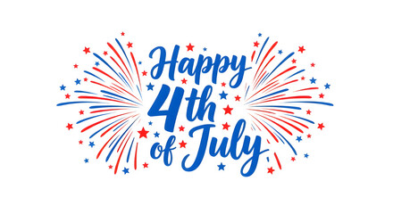 Obraz premium Happy 4th of July text with red and blue fireworks isolated on transparent background for holiday celebration