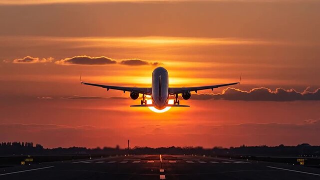 A passenger airplane takes off from the runway during a beautiful golden sunset