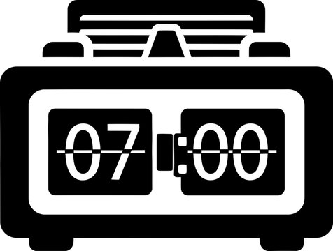 Black and white icon of a vintage style digital flip clock showing seven am