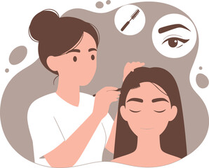 Fototapeta premium Eyebrow microblading treatment vector illustration, professional brow artist styling client eyebrows, beauty salon cosmetic procedure