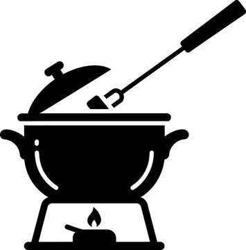 Black silhouette icon of a traditional fondue set with pot fork and burner isolated on white