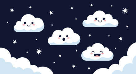 Naklejka premium Collection of cute white clouds with various facial expressions floating in a dark night sky filled with bright white stars.