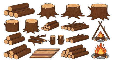 Wood logs and tree stumps collection cartoon illustration on white background © Siam