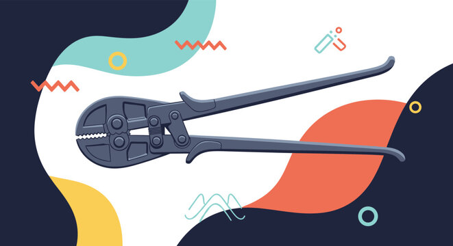 Large industrial bolt cutter tool for heavy duty cutting tasks shown over a background of colorful abstract wavy shapes.