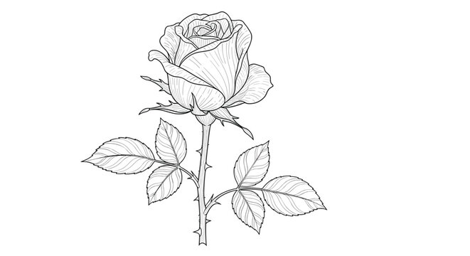 Intricate black and white line drawing of a single rose flower with thorns on the stem and detailed leaves against a white background.