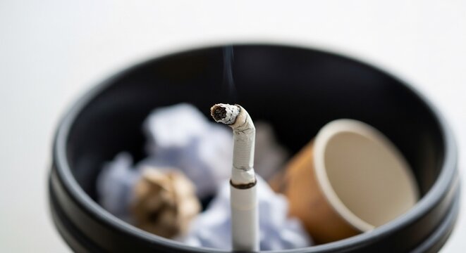 A lit cigarette butt with a bent filter smoking in a small black bin with crumpled paper and a cup.