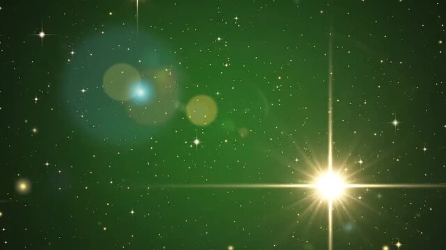 A bright glowing star shines in the deep green expanse of outer space