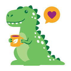 Cute Green Dinosaur Holding A Coffee Mug With A Heart Speech Bubble Symbolizing Morning Love © VectorNexa
