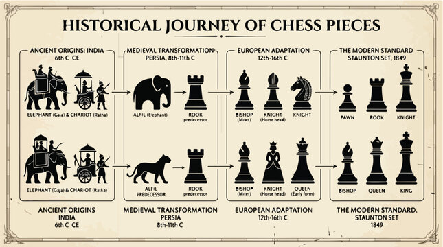 Infographic titled 'HISTORICAL JOURNEY OF CHESS PIECES' showcasing evolution of chess pieces from ancient origins to modern standards on beige background with black text and images.