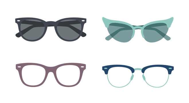 Set of colorful trendy sunglasses and eyeglass frames icons