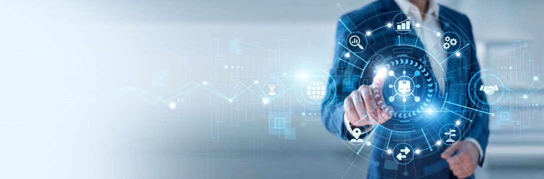 Supply chain manager pointing at Distribution and networking logistics data systems, inventory management, delivery optimization, warehouse coordination, global supply chain networks