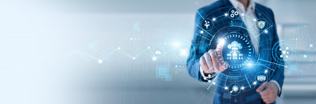 Cloud engineer pointing at Edge Computing and networking distributed processing data systems, real time analytics, IoT connectivity, low latency computing, decentralized infrastructure
