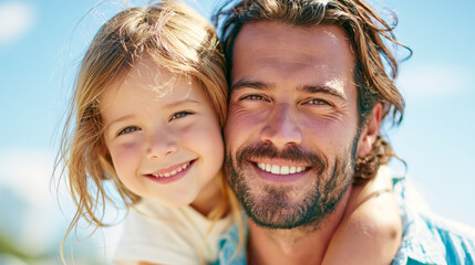 Fototapeta premium Happy father and daughter smiling together outdoors in bright sunlight, loving family portrait with joyful child, Father Day bonding and parenting concept