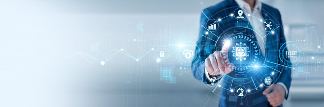 AI engineer pointing at Machine Learning and networking predictive data systems, neural networks, intelligent automation, data modeling, artificial intelligence solutions