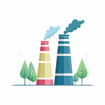 Industrial Smokestacks Emitting Smoke with Trees