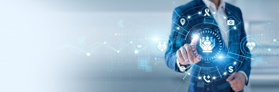 Insurance specialist pointing at Medical Insurance and networking health coverage data systems, claim processing solutions, risk assessment models, healthcare financial protection systems