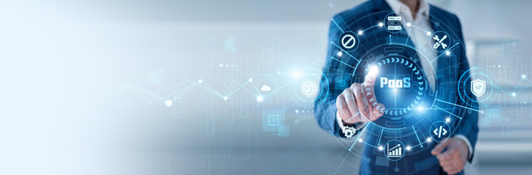 Cloud engineer pointing at PaaS and networking cloud application platforms, scalable development environments, software deployment systems, enterprise cloud computing services