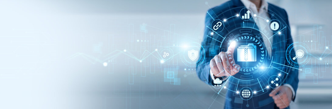 Data analyst pointing at Open Data and networking public information data systems, transparency platforms, data sharing ecosystems, research analytics, digital governance solutions