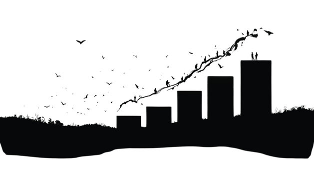 Cityscape silhouette shows a rising bar chart integrated into an urban skyline with flying birds symbolizing economic growth and structural development within a thriving metropolitan environment.