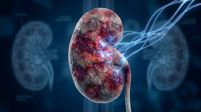 Detailed 3D medical illustration of a human kidney with vascular system.