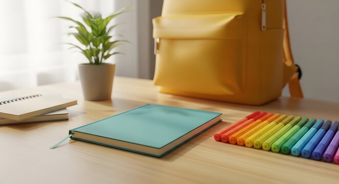Back to school essentials with notebook, tablet, and rainbow pencil case on wooden desk