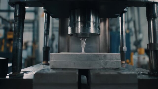 Industrial machinery performing a precise metal molding process using a hydraulic press, shaping raw material on the factory shop floor with manufacturing efficiency
