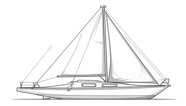 A precise orthographic profile view of a traditional sloop, featuring a meticulously illustrated technical drawing of a classic sailboat for nautical design projects and maritime engineering plans.