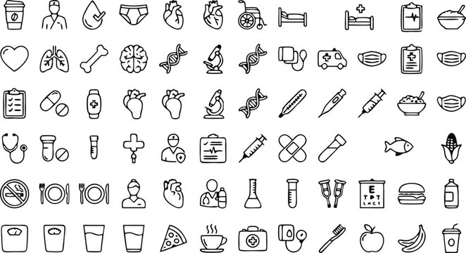 Mega collection of hand drawn doodle icons for medical healthcare nutrition biology anatomy and wellness healthy lifestyle concepts