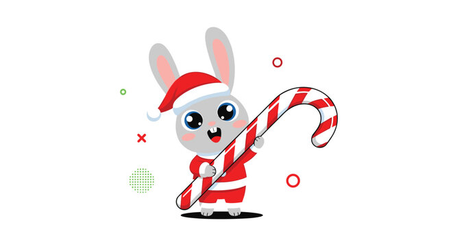 Adorable grey bunny wearing a Santa hat and suit holding a giant red and white striped candy cane for Christmas.