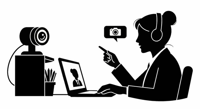 Black and white silhouette illustration of a professional woman wearing a headset sitting at a desk using a laptop with an external webcam for a video call or digital live stream.