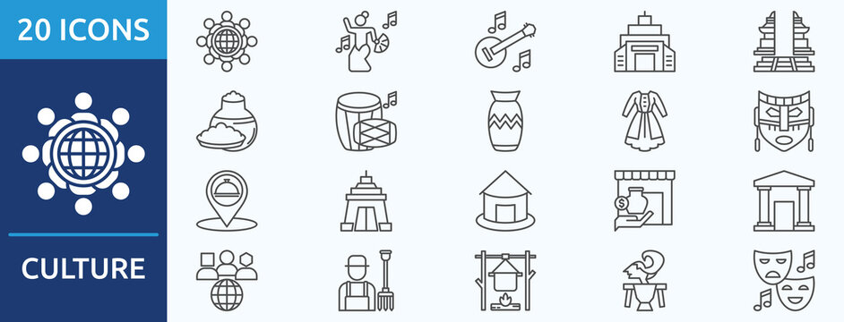 culture
- Icon Collection. Thin outline Set contains such Icons as traditional dance, folk music, heritage building, ancient temple, traditional food
 and more. Simple web icons set

