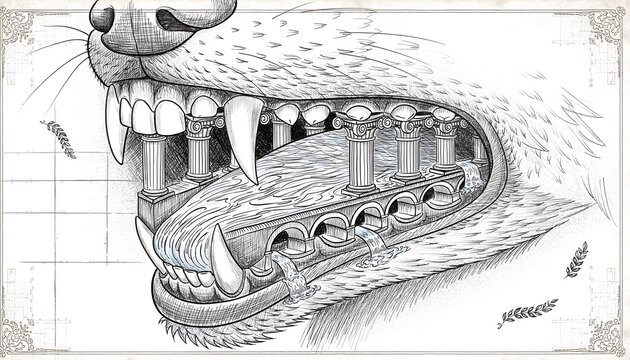 Close up artistic ink illustration of a wolf snarling maw with sharp teeth and Roman architectural columns inside, showing a surreal blend of predatory wildlife and ancient classical structures.