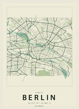 Minimalist map art print of berlin city center with street grid and coordinates vector illustration