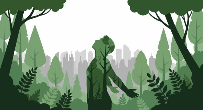 Illustration of a person standing in a forest with trees and ferns, looking towards a city skyline in the background with green and grey tones.