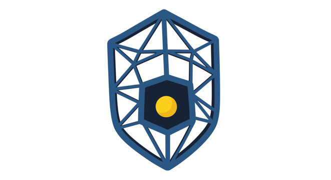 Geometric shield logo with blue lines and yellow circle center
