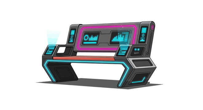 Futuristic Command Center Desk with Holographic Displays and Neon Lights