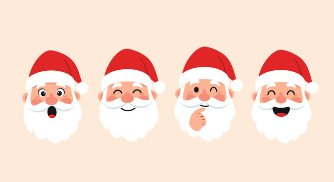 Collection of four Santa Claus faces showing different emotions like surprise and joy is perfect for festive holiday graphic designs.
