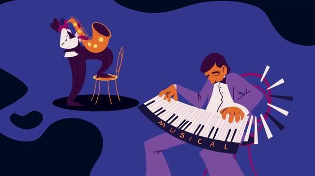 Jazz musicians playing saxophone and keyboard in a vibrant artistic performance.